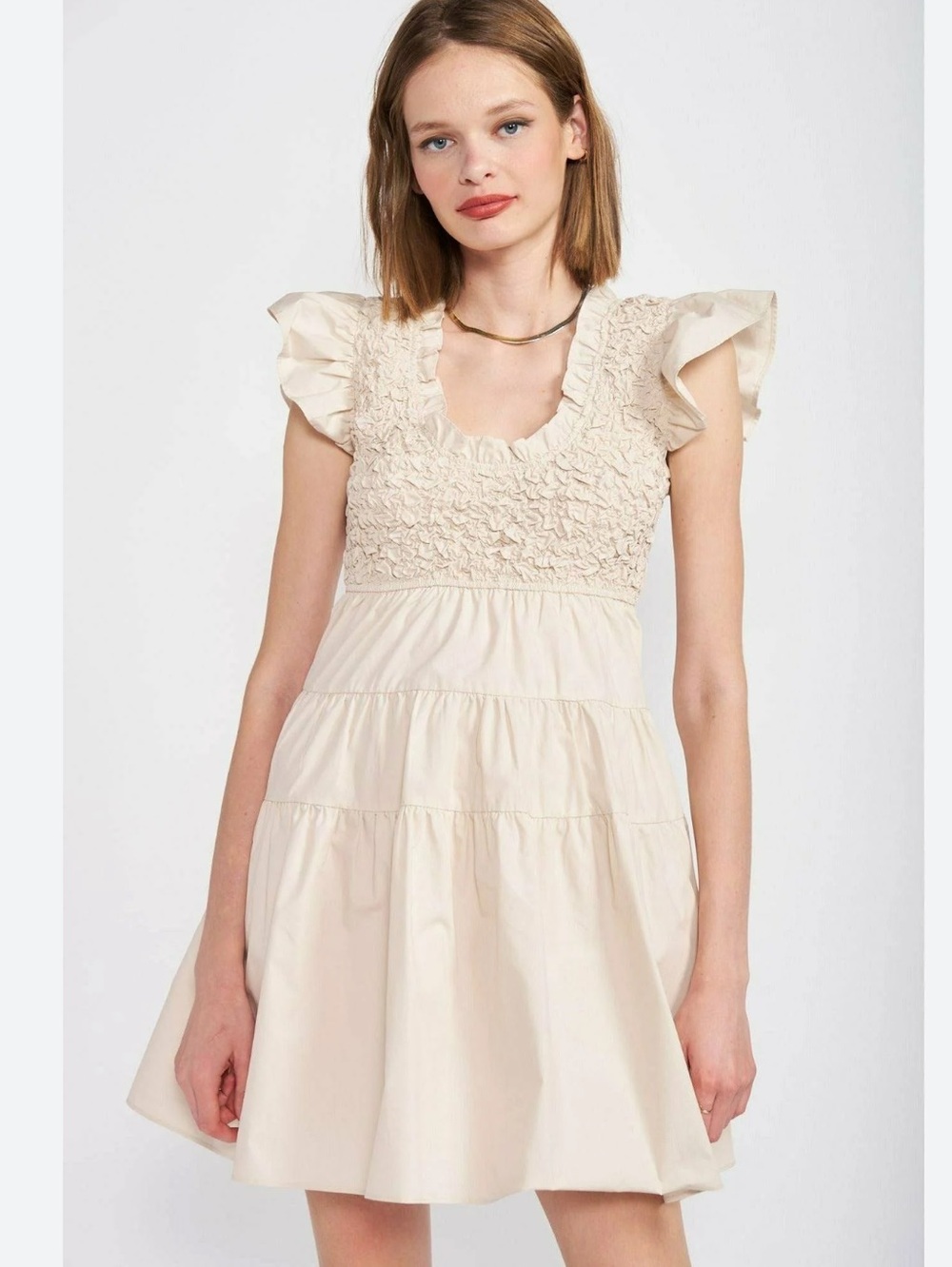 En Saison Cream Smocked Bodice Tiered Mini Dress